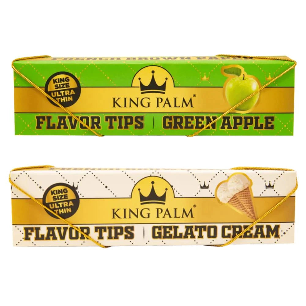 King Palm Papers & Flavor Tips King Size Ultra Thin – zwei Booklets übereinander: oben Green Apple in Grün-Gold mit grüner Apfelillustration, unten Gelato Cream in Weiß-Gold mit Eistüten-Illustration, beide mit goldenem Zugband, French Brown Paper